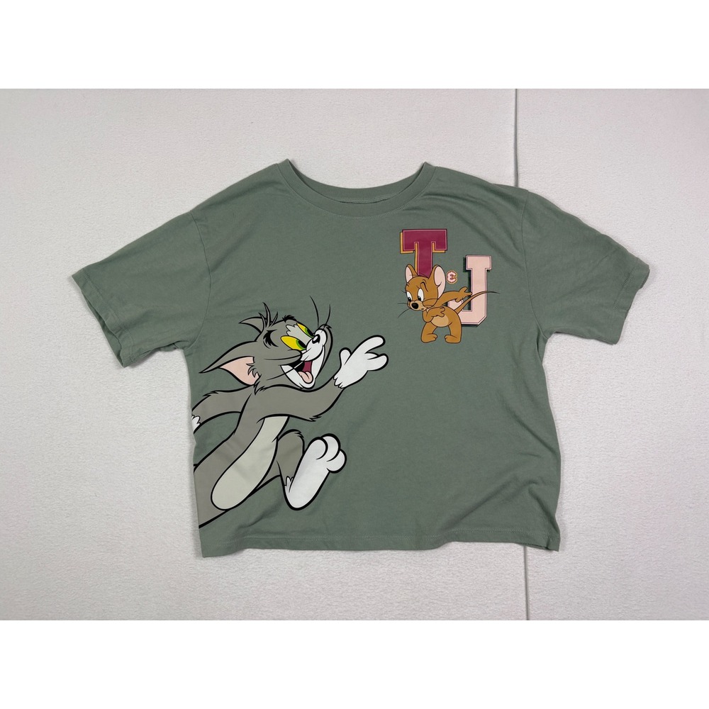 Love Tribe Tom and Jerry Sage Green Graphic Cropped T-Shirt Womens Medium